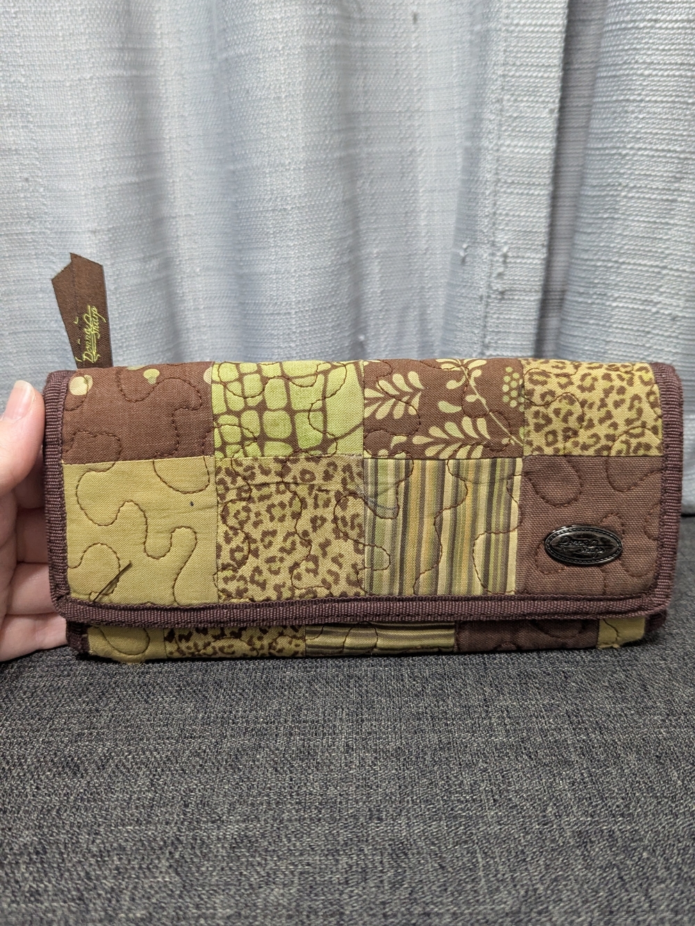 Donna Sharp Quilted Patchwork Checkbook Wallet Brown Green Floral Animal Print